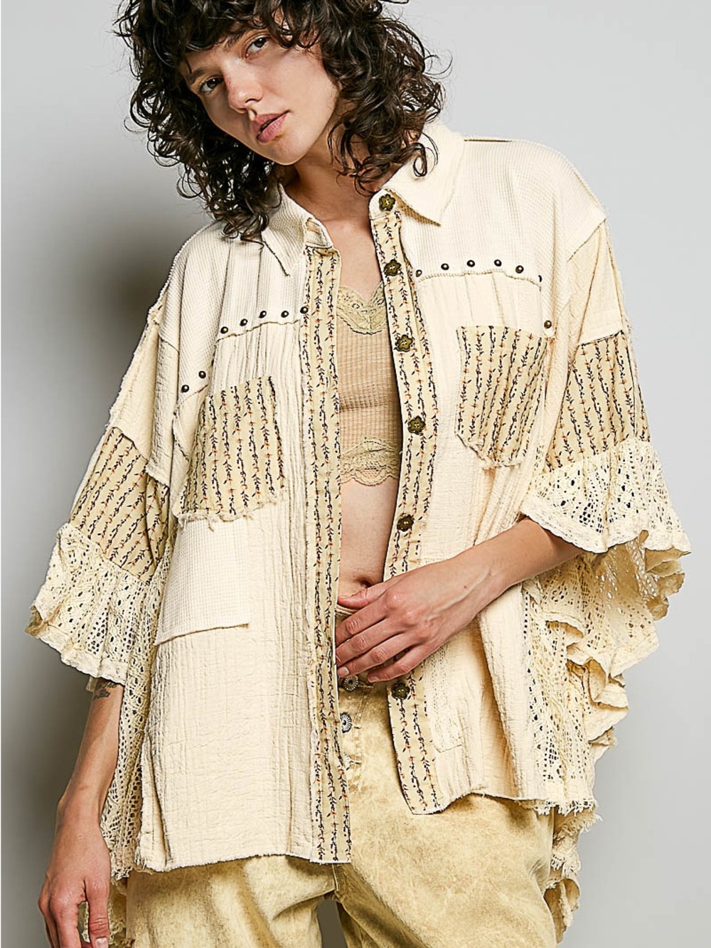 PP16. POL Cream Patchwork Knit Poncho Shrug - Picture 2 of 3